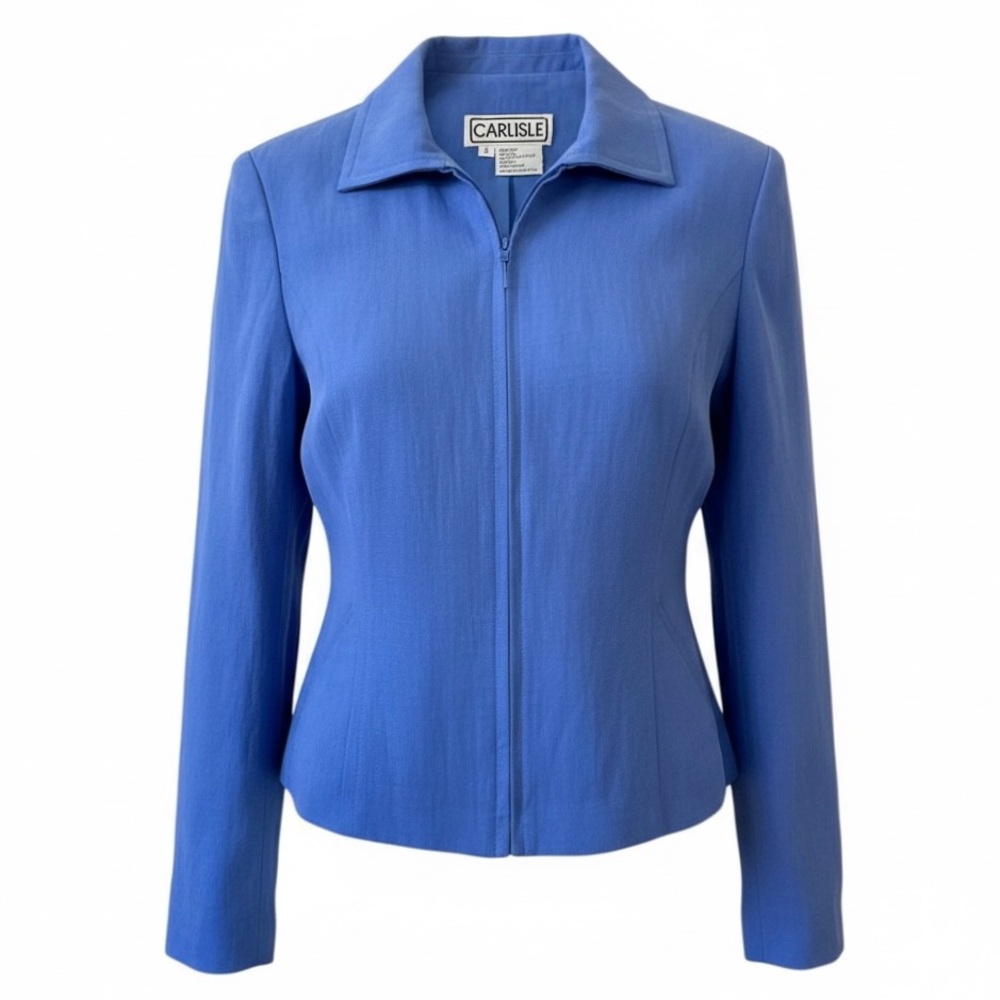 Carlisle Blue Front Zip Silk and Linen Long Sleeve Jacket with Zio Cuffs Size 2